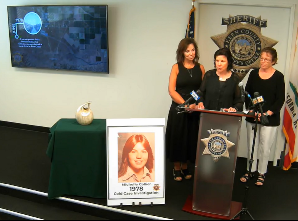 Cynthia Dunbar, Michelle Louise Collier’s older sister, center, said her family is thankful to all those involved in helping identify her sister’s remains during a press conference on Tuesday.